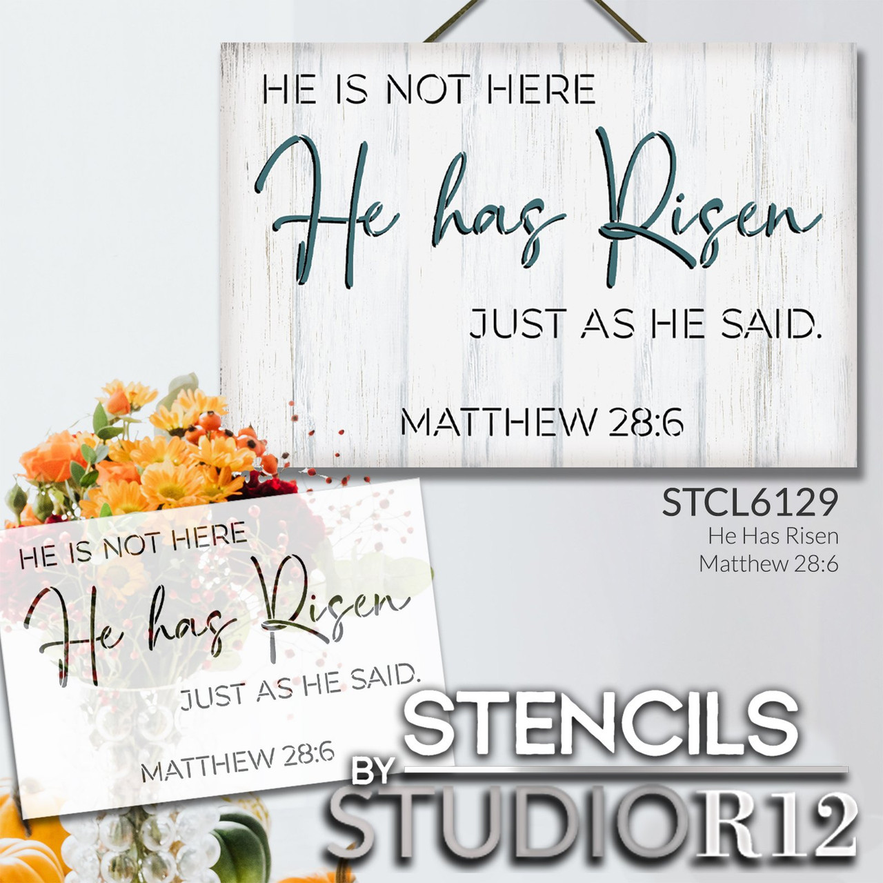 He Has Risen Matthew 28 6 Stencil by StudioR12 | Craft DIY Faith Home Decor | Paint Religious Wood Sign | Reusable Mylar Template | Select Size