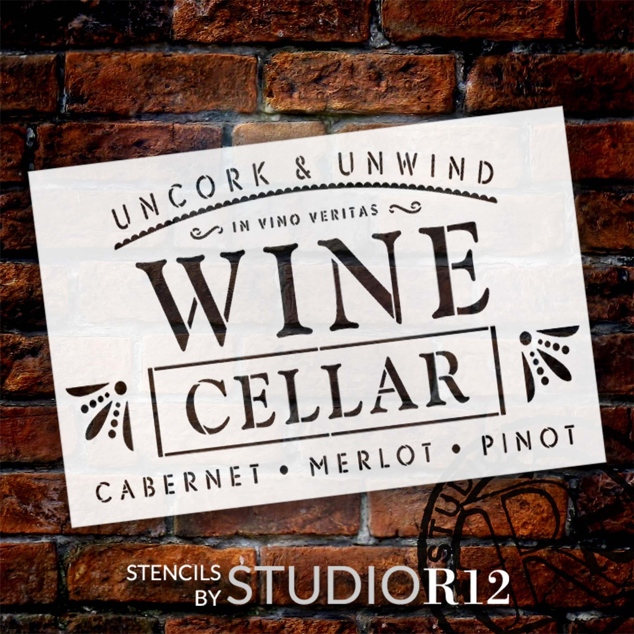 Uncork and Unwind Wine Cellar Stencil by StudioR12 | in Wine There is Truth Latin Phrase | Craft DIY Kitchen Decor | Paint Wood Bar Sign | Select Size