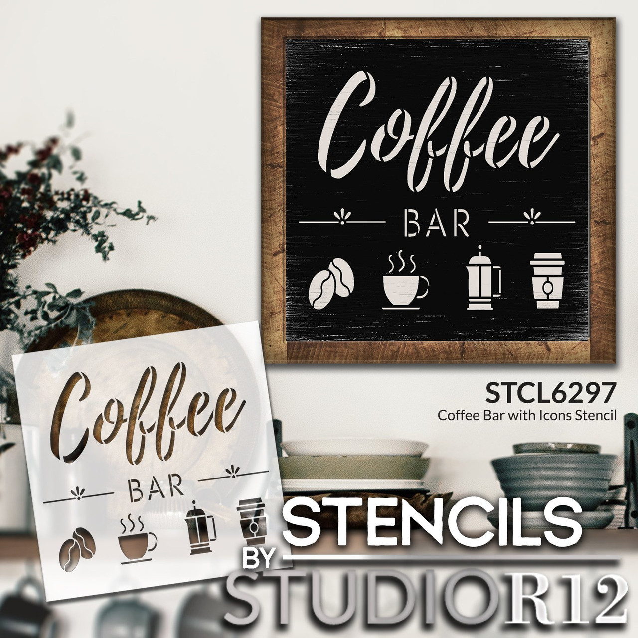 Coffee Bar with Icons Stencil by StudioR12 | Fun DIY Coffee, Tea, and Hot Cocoa Kitchen Decor | Cute Rustic Caffeine Lover Sign | Select Size