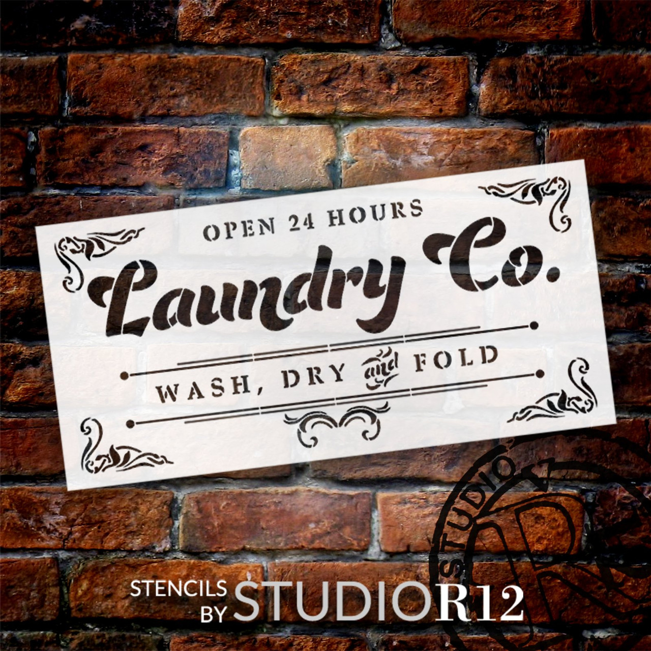 Open 24 Hours Vintage Laundry Room Stencil by StudioR12 | Filigree Accents | Wash, Dry, & Fold | DIY Kitchen Decor | Paint Rustic Sign | Select Size