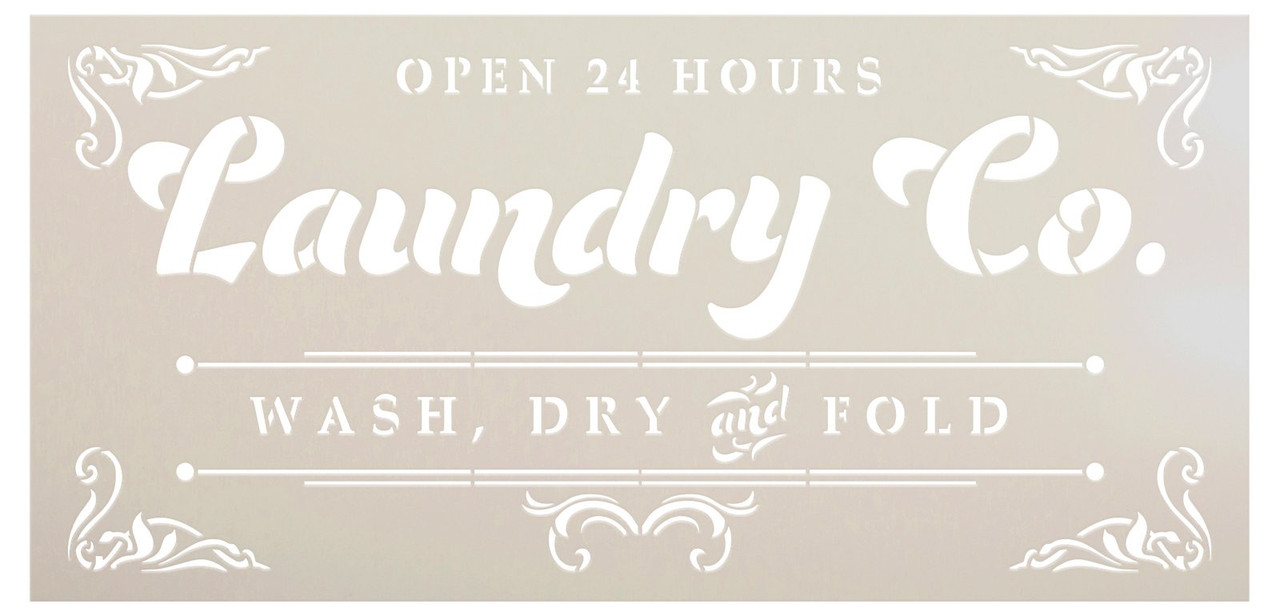 Open 24 Hours Vintage Laundry Room Stencil by StudioR12 | Filigree Accents | Wash, Dry, & Fold | DIY Kitchen Decor | Paint Rustic Sign | Select Size