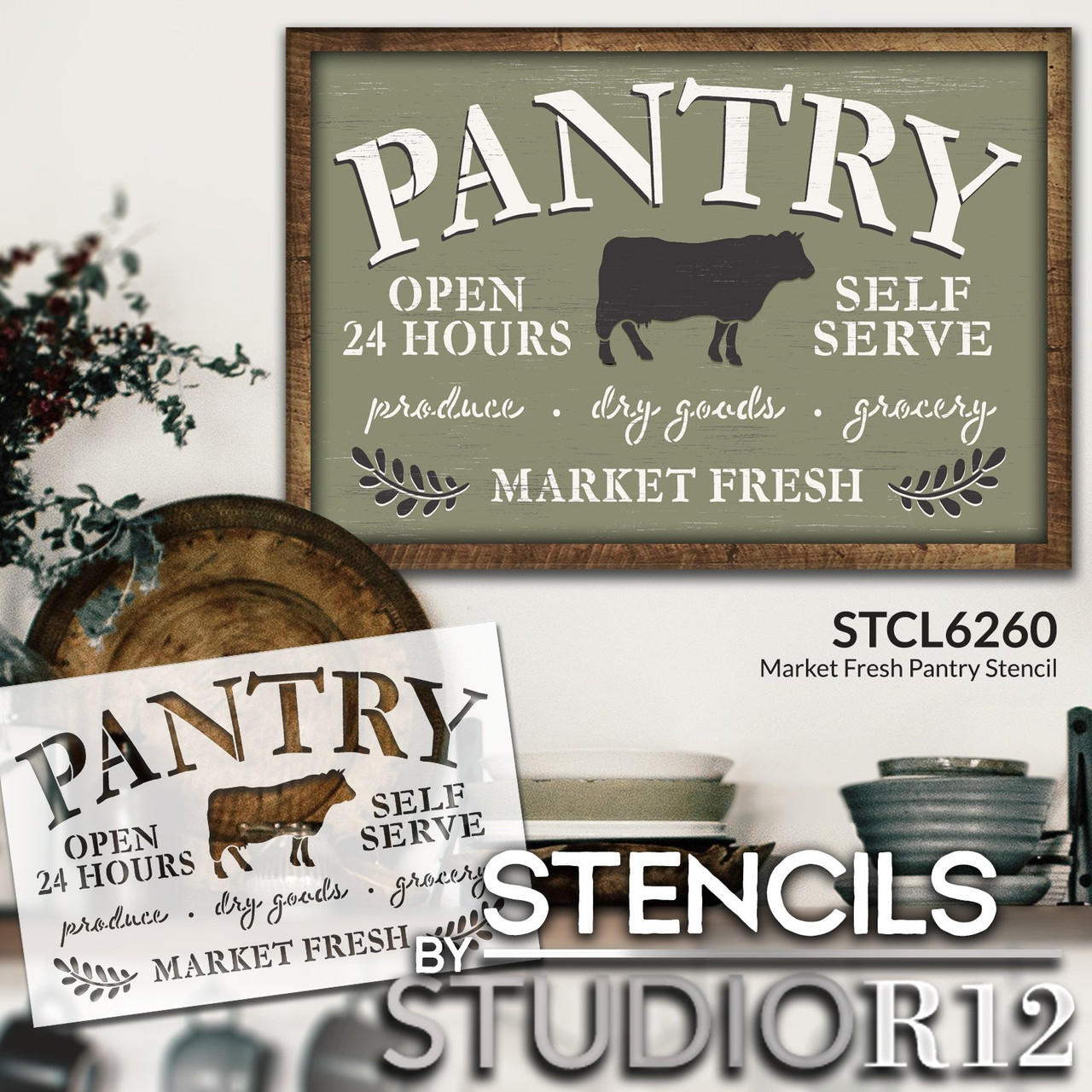 Farmhouse Pantry Open with Cow Stencil by StudioR12 | Self Serve Produce and Dry Goods | Craft DIY Rustic Pantry and Kitchen Decor | Select Size