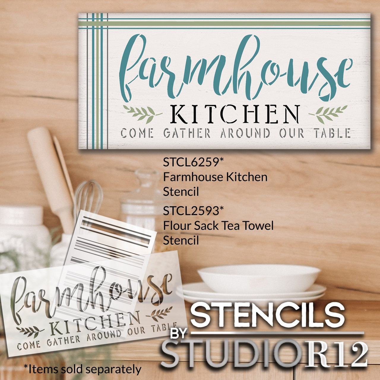 Farmhouse Come Gather Around Our Table Stencil by StudioR12 | DIY Rustic Kitchen Decor | Farm, Wheat Stalk | Paint Boho Chic Wall Sign | Select Size