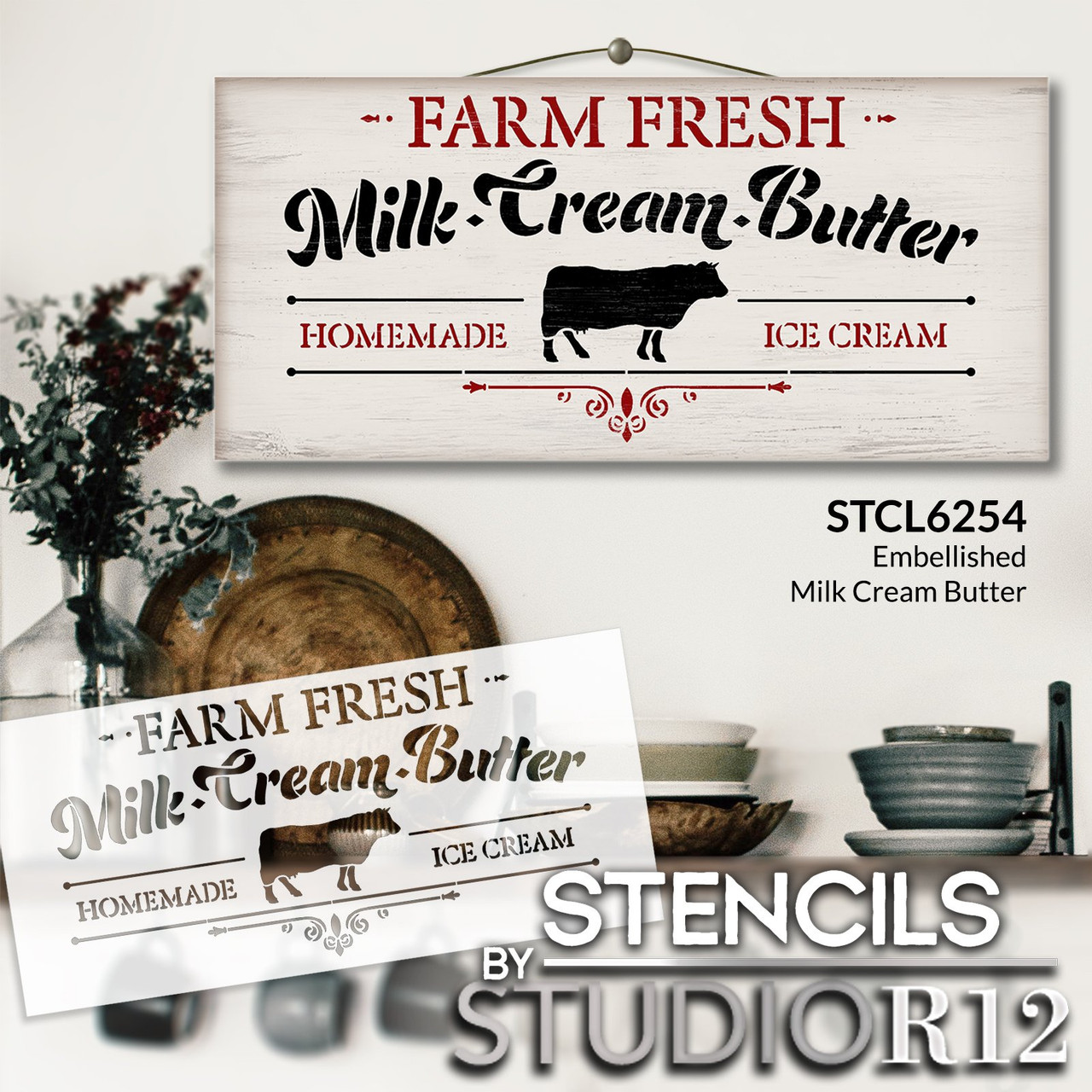 Embellished Farm Fresh Milk & Cream Stencil by StudioR12 | Craft DIY Farmhouse Kitchen Decor | Paint Rustic Wall Hanging Sign for Pantry | Select Size