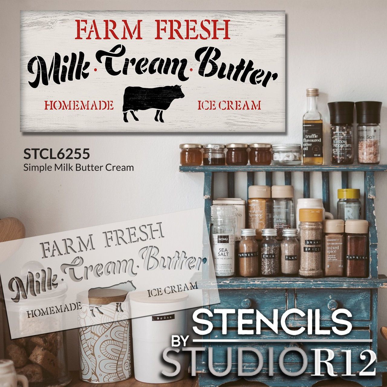 Vintage Farm Fresh Milk and Cream Stencil by StudioR12 | Craft DIY Farmhouse Kitchen Decor | Paint Rustic Wall Hanging Sign for Pantry | Select Size