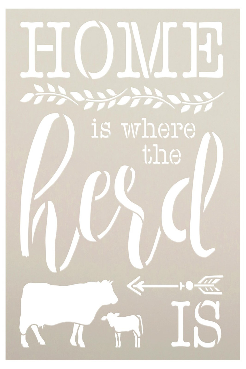 Home is Where The Herd is Stencil by StudioR12 | Paint Cow and Calf Silhouette with Arrow Sign | DIY Rustic Farmhouse Kitchen Decor | Select Size