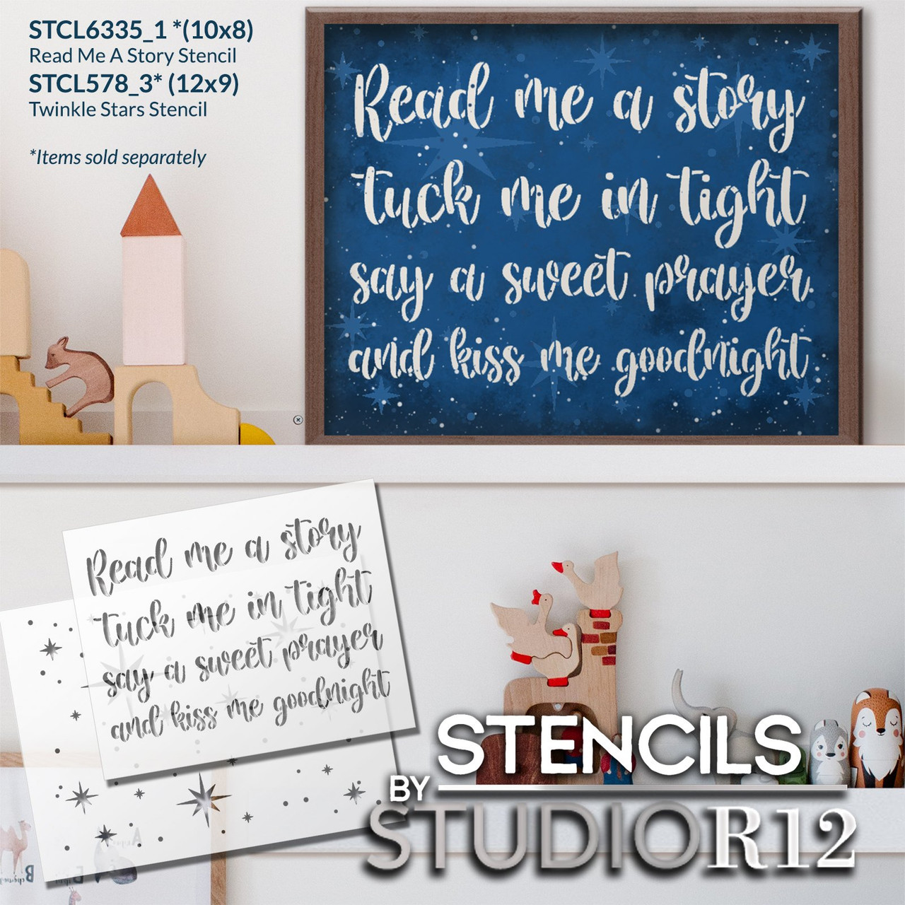 Read Me a Story, Tuck Me in Tight Stencil by StudioR12 | Kids Room, Baby Shower | Craft DIY Nursery Decor | Paint Wood - Canvas Sign | Select Size