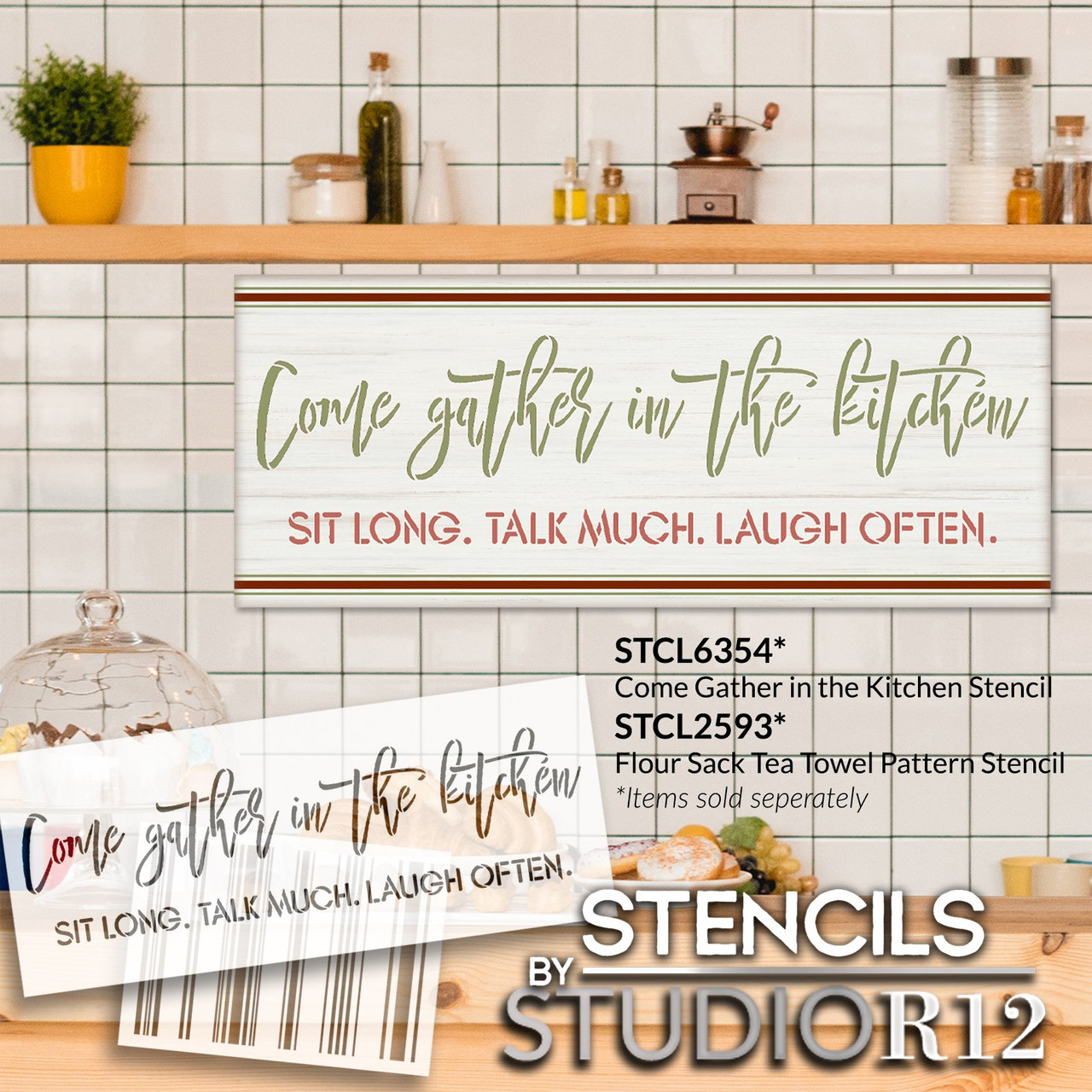 Come Gather in The Kitchen Script Stencil by StudioR12 | Craft DIY Rustic Farmhouse Kitchen Decor | Paint Wood, Canvas or Fabric Sign | Select Size