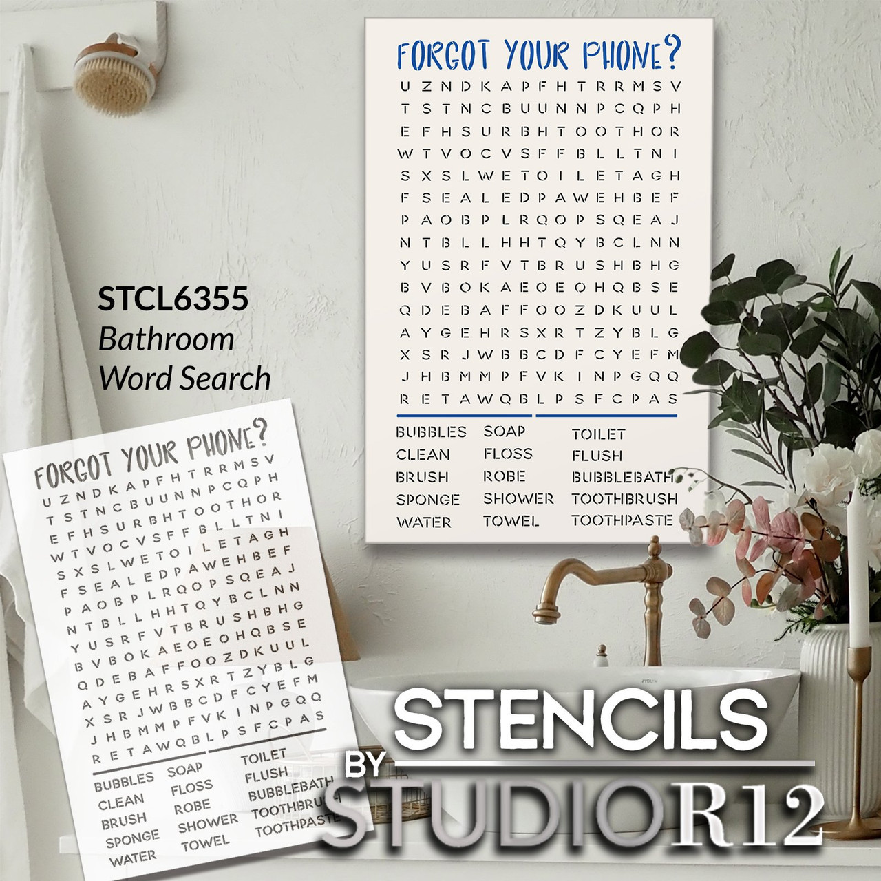 Bathroom Word Search Stencil by StudioR12 | Forgot Your Phone? | Funny Bathroom Wall Art | Craft DIY Farmhouse Decor | Paint Wood Sign | Select Size