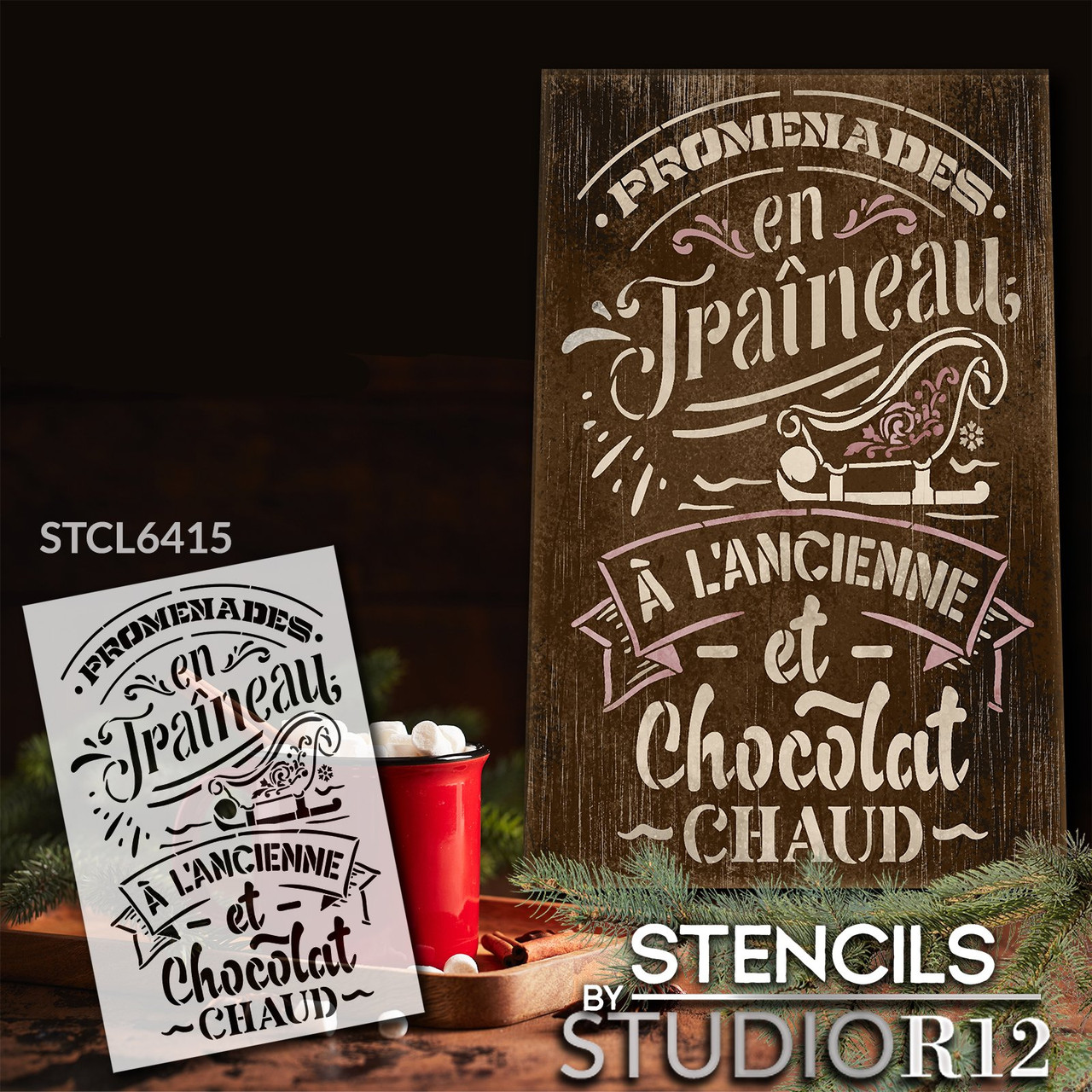 Promenades en Traineau with Sleigh Stencil by StudioR12 - Select Size - USA Made - Craft DIY Christmas Home Decor | Paint Winter Seasonal Wood Sign
