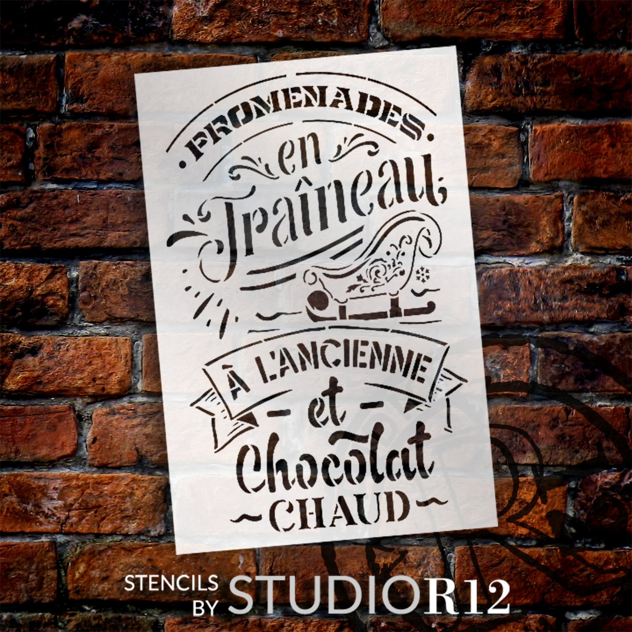 Promenades en Traineau with Sleigh Stencil by StudioR12 - Select Size - USA Made - Craft DIY Christmas Home Decor | Paint Winter Seasonal Wood Sign