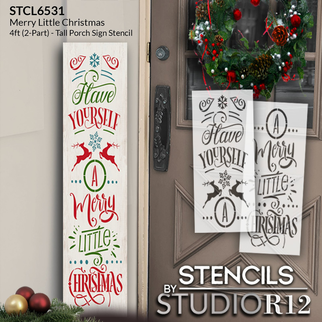 Vertical Merry Little Christmas Tall Porch Sign Stencil by StudioR12 - 4ft - USA Made - Craft DIY Holiday Patio Decor | Paint Wood Porch Leaner Sign