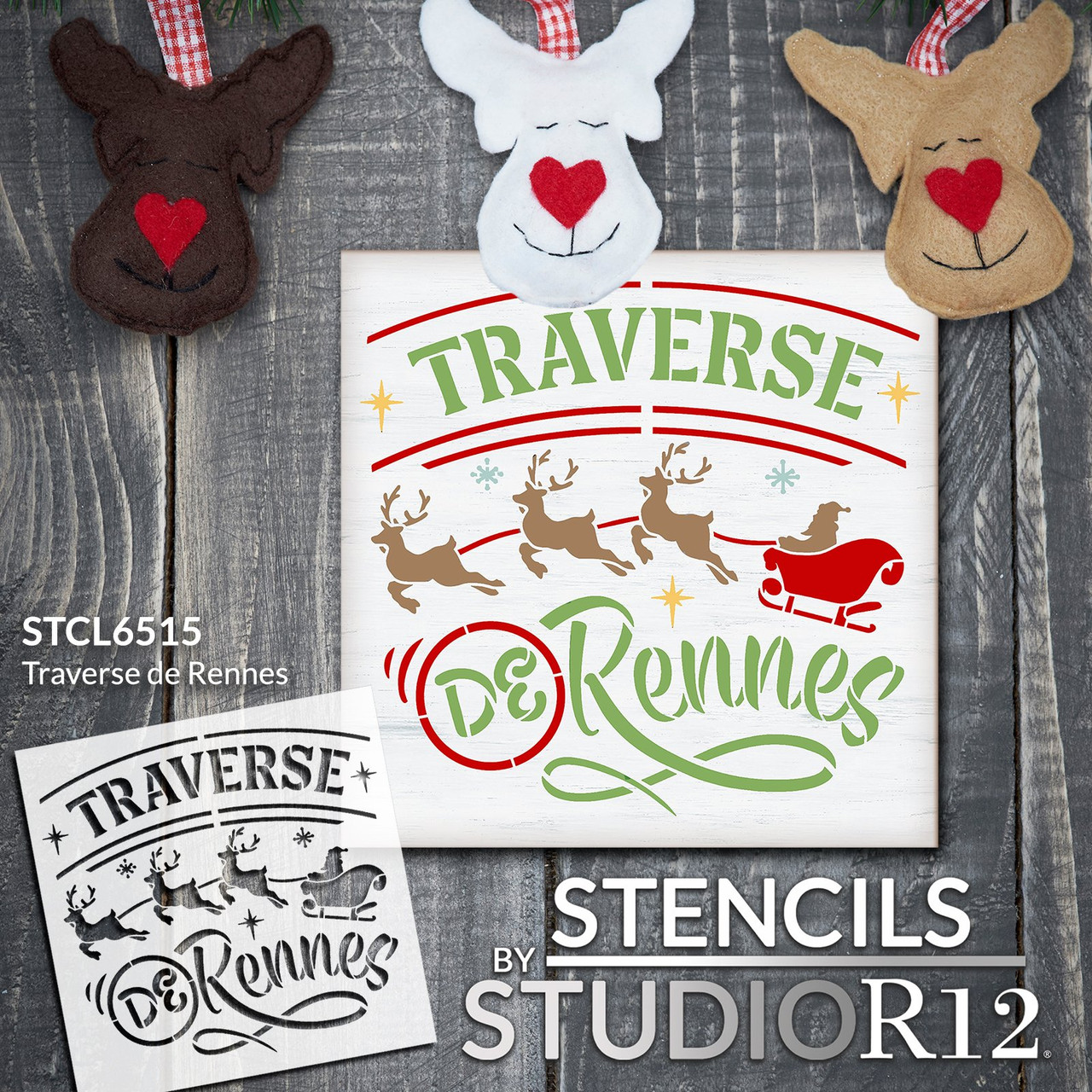 Traverse de Rennes Stencil w/ Santa's Sleigh by StudioR12 - Select Size - USA Made - Craft DIY French Farmhouse Home Decor | Paint Christmas Wood Sign