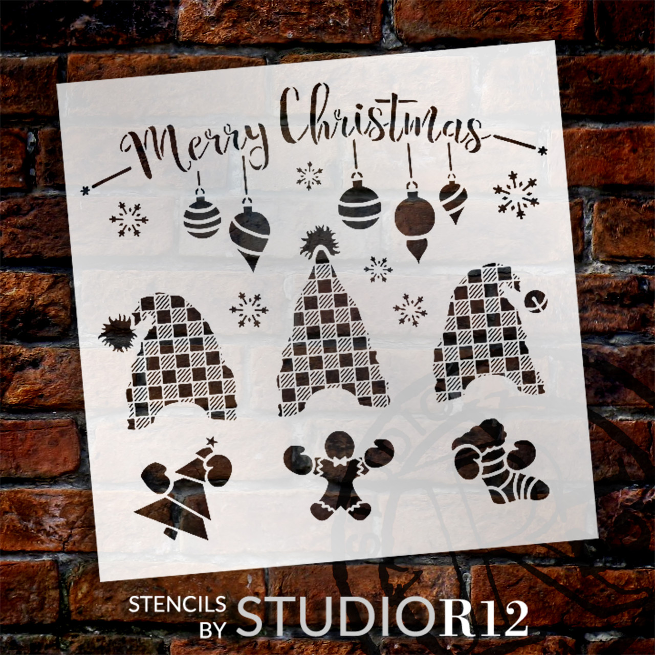 Merry Christmas Gnomes w/ Buffalo Plaid Hats Stencil by StudioR12 - Select Size - USA Made - Craft DIY Winter Home Decor | Paint Whimsical Wood Sign