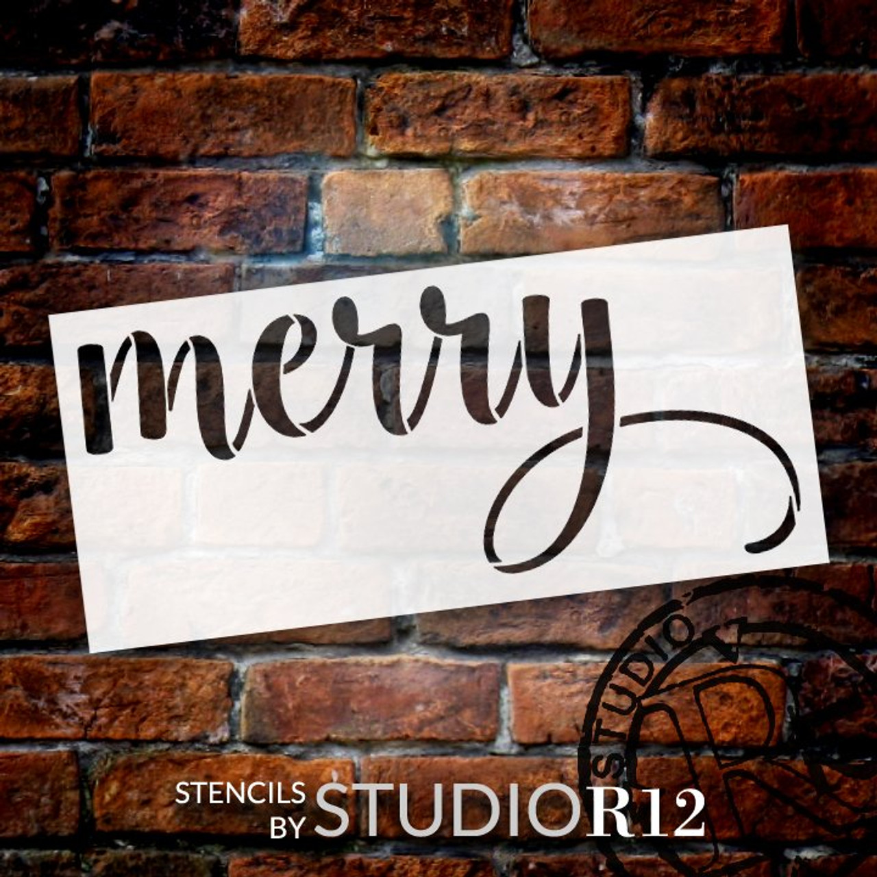 Merry Script Stencil by StudioR12 | DIY Christmas Holiday Home Decor | Simple Cursive Farmhouse Word Art | Craft & Paint Winter Wood Signs | Reusable Mylar Template | Select Size