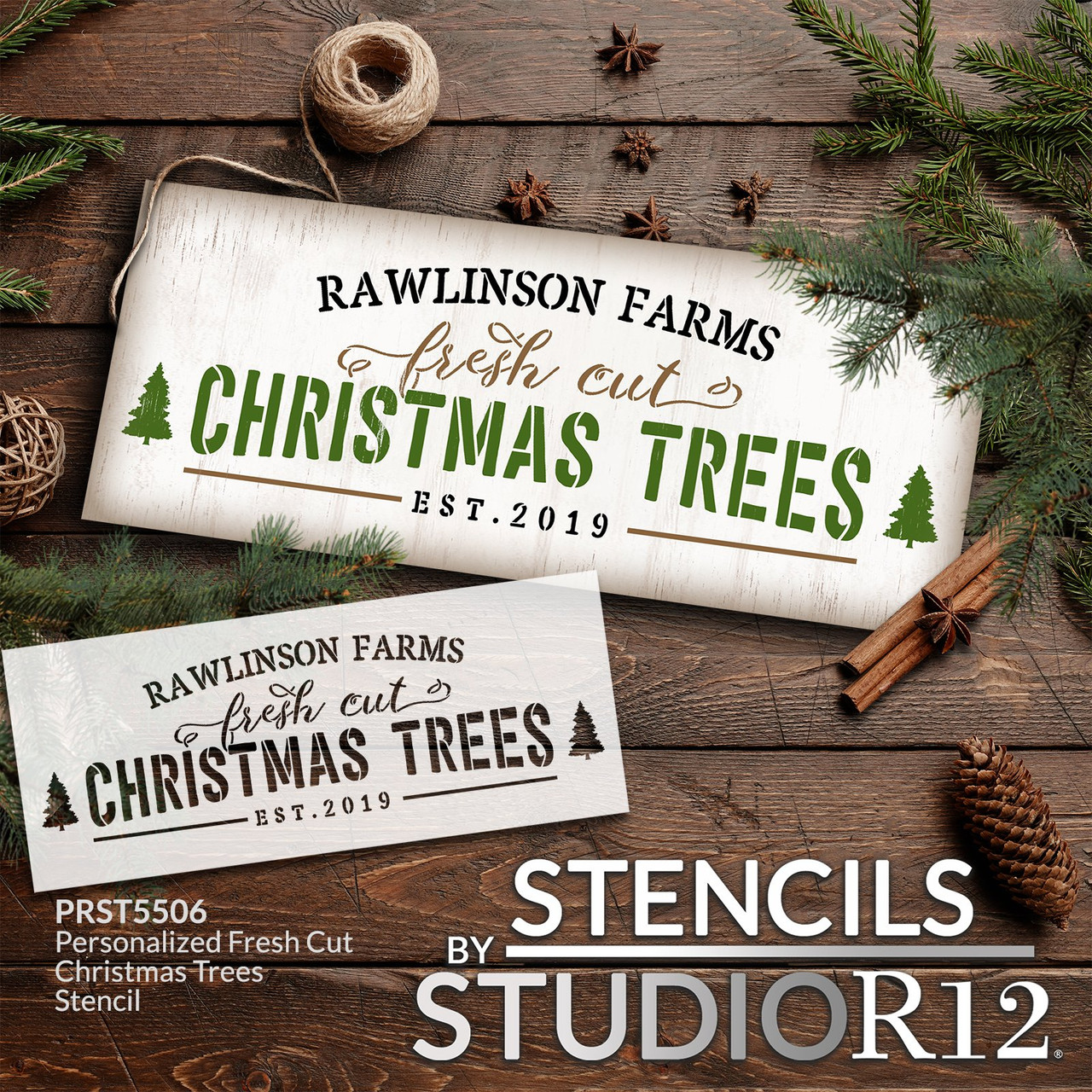 Personalized Fresh Cut Christmas Trees Stencil by StudioR12 - Select Size - USA Made - Craft DIY Christmas Home Decor | Paint Holiday Family Wood Sign | Reusable Mylar Template