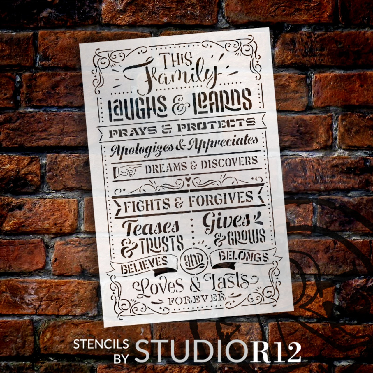 This Family Laughs & Learns House Rules Stencil by StudioR12 - Select Size - USA Made - Craft DIY Farmhouse Living Room Home Decor | Paint Wood Sign
