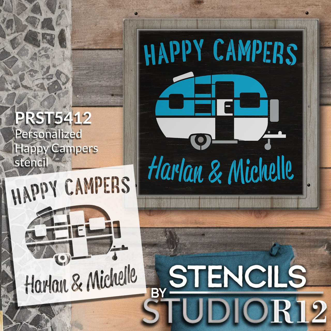 Personalized Happy Campers Stencil by StudioR12 - Select Size - USA Made - Craft DIY Camping Outdoors Home Decor | Paint Custom Family Wood Sign | Reusable Mylar Template