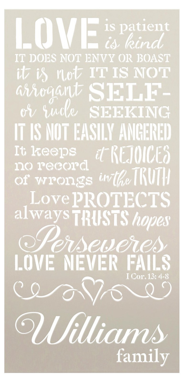 Personalized Love Never Fails Stencil by StudioR12 - Select Size - USA Made - Craft DIY Bible Verse Home Decor | Paint Custom Wood Sign for Living Room | Reusable Mylar Template