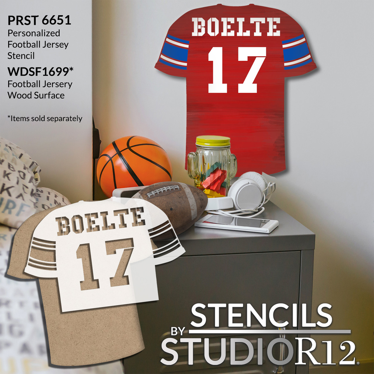 Personalized Football Jersey Stencil by StudioR12 - Select Size - USA Made - Craft DIY Sports Player Home Decor | Paint Custom Wood Sign for Porch or Yard | Reusable Template