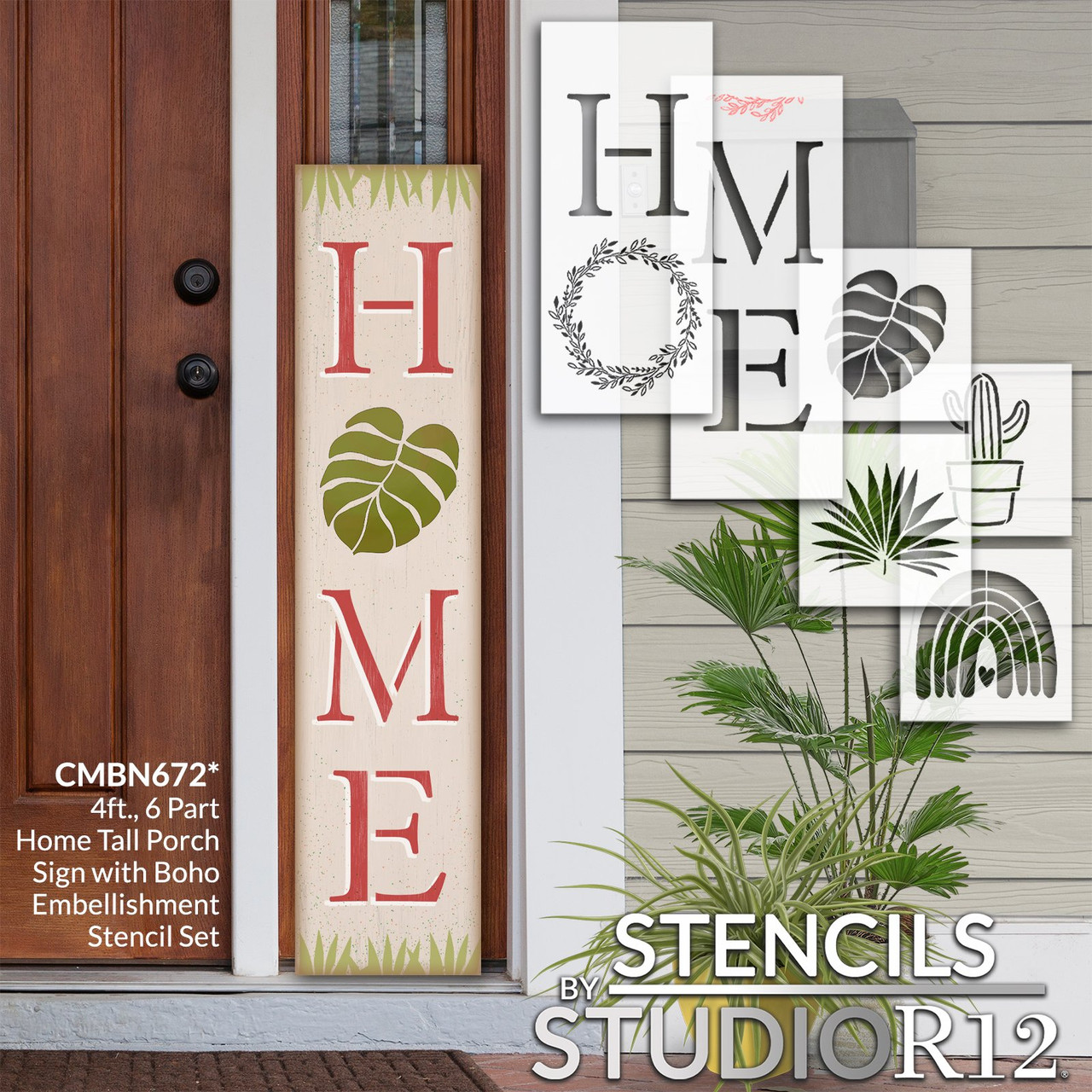 Home Tall Porch Sign Stencil Set by StudioR12 - 4ft - USA Made - DIY Outdoor Boho Porch Decor | Rainbow, Monstera Leaf, Cactus | Paint Reversible Leaner Signs