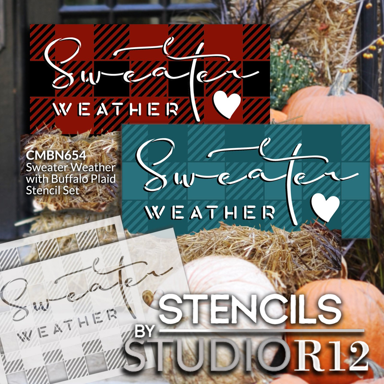 Sweater Weather with Buffalo Plaid Stencil Set by StudioR12 - Select Size - USA Made - DIY Fall Home Decor | Autumn Farmhouse Wood Signs | CMBN654