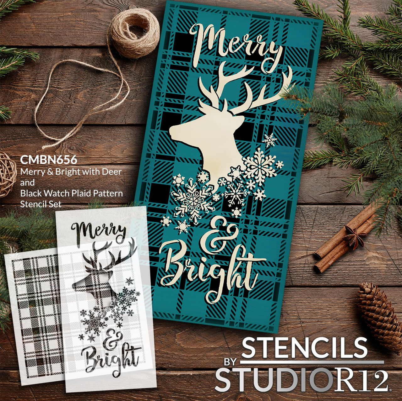 Merry & Bright Stencil Set with Reindeer & Black Watch Plaid by StudioR12 - Select Size - USA Made - DIY Farmhouse Christmas Decor | CMBN656