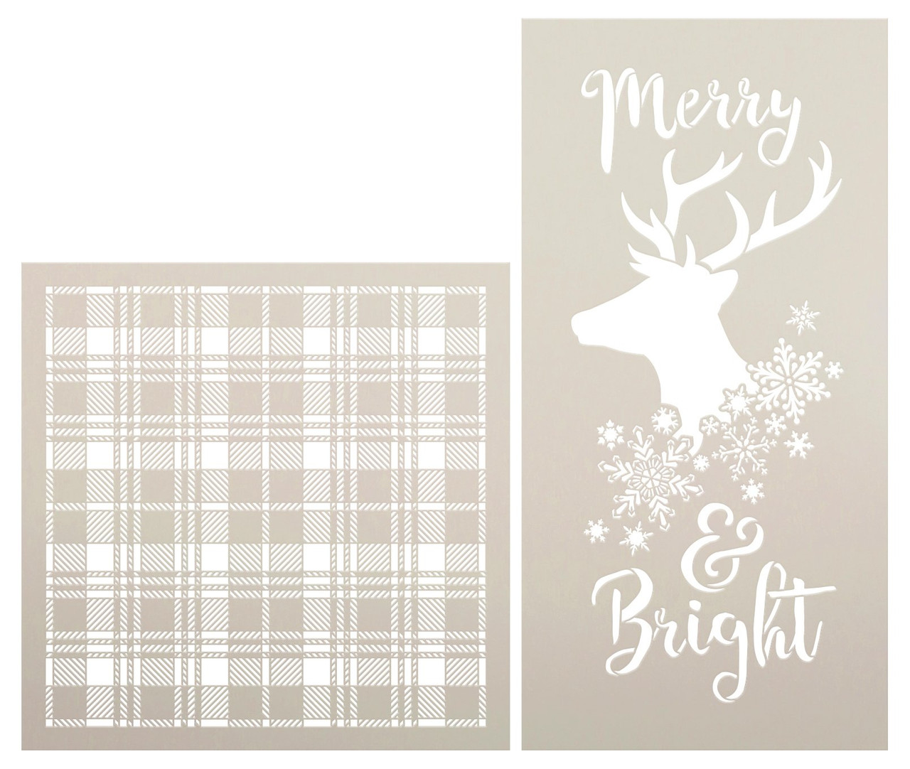 Merry & Bright Stencil Set with Reindeer & Black Watch Plaid by StudioR12 - Select Size - USA Made - DIY Farmhouse Christmas Decor | CMBN656