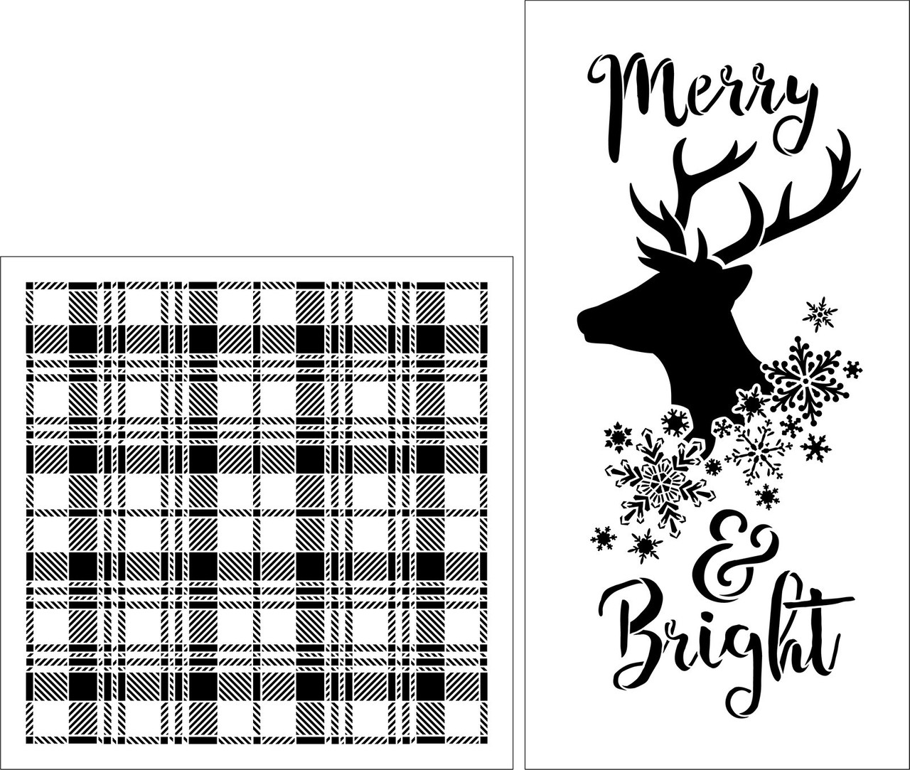 Merry & Bright Stencil Set with Reindeer & Black Watch Plaid by StudioR12 - Select Size - USA Made - DIY Farmhouse Christmas Decor | CMBN656