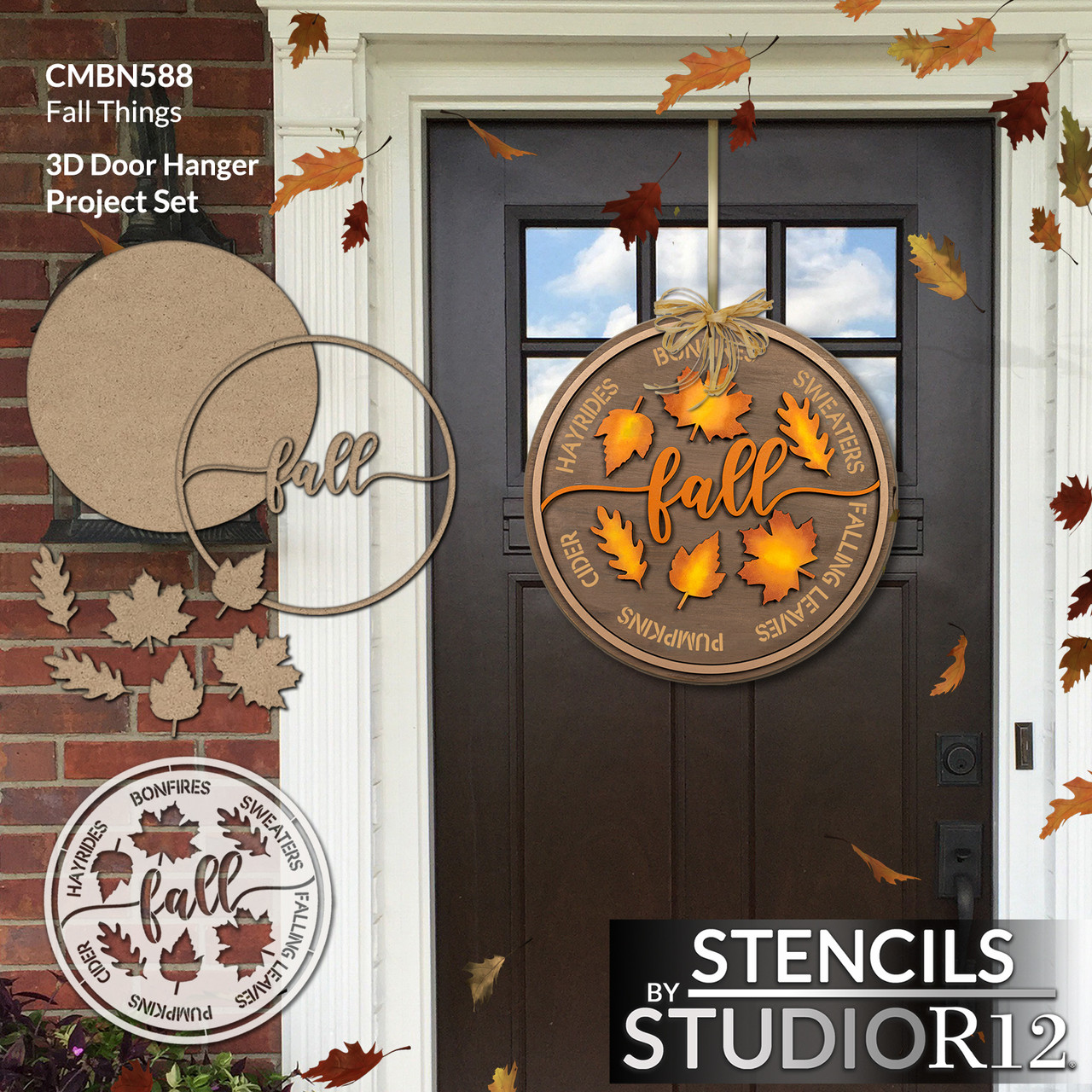 Fall Things with Leaves Unfinished Stacked Sign Set by StudioR12 | Paint & DIY Autumn Round Door Hanger Kit | 3D Wood Cutout Sign Crafts | CMBN588
