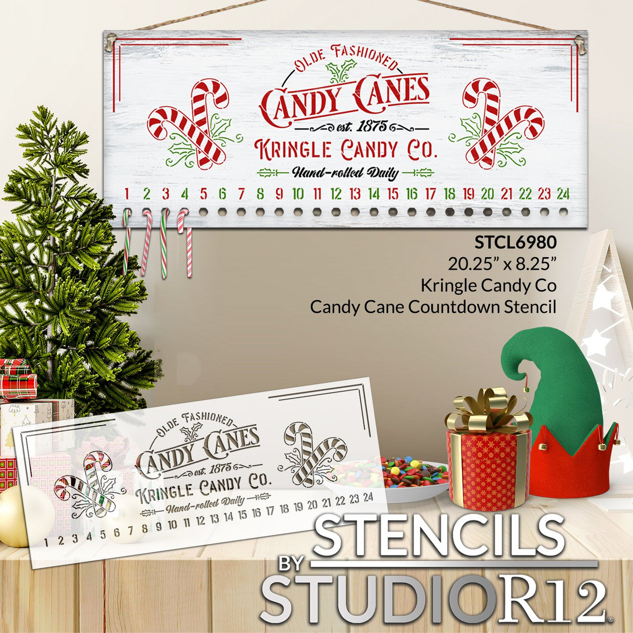 Kringle Candy Cane Countdown Stencil by StudioR12 - USA Made - 20.25 x 8.25 inch - Holiday DIY Christmas Countdown & Advent Calendar | STCL6980