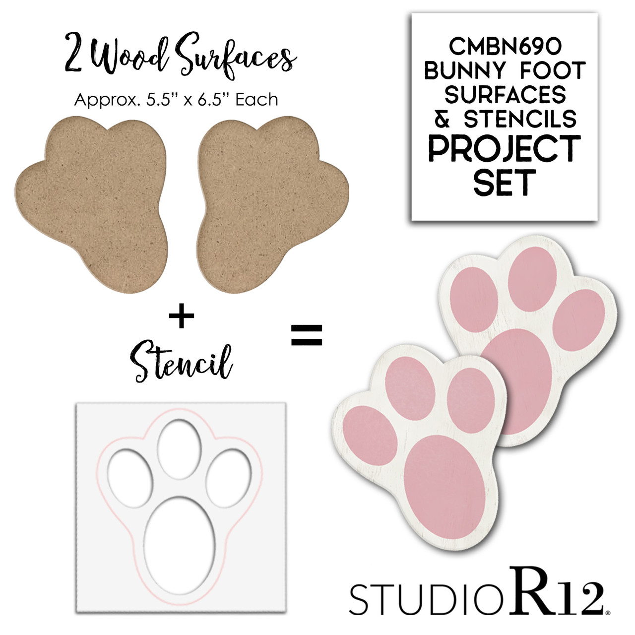 Bunny Paw Prints Surface & Stencil Set | Easter Bunny Rabbit Footprint Embellishment Set | Craft and Paint Spring Home Decor | CMBN690
