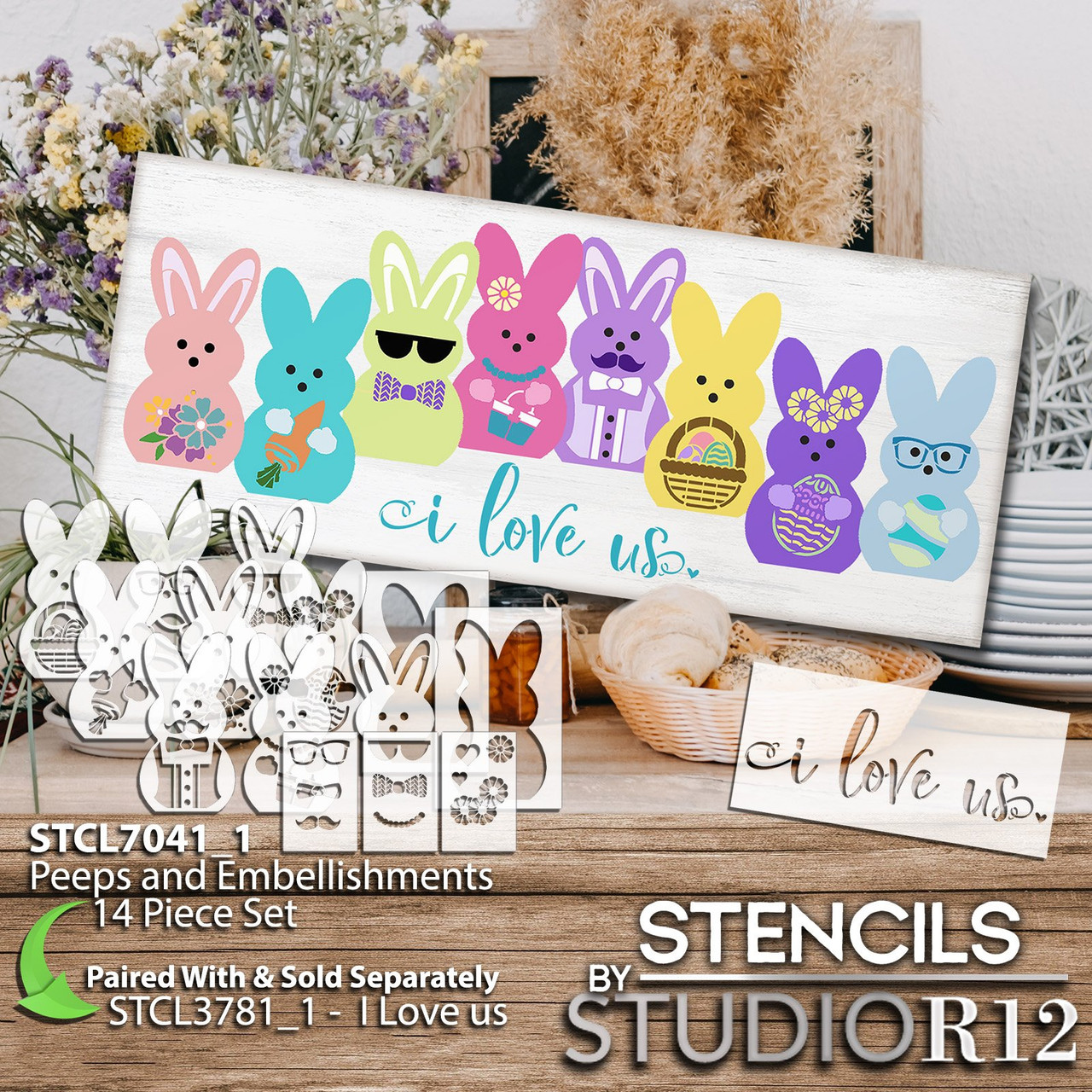 Embellished Peep Stencil Set by StudioR12 - USA Made - 14 pcs | Paint DIY Easter Bunny Peeps Decor | Reusable Template for Spring Crafts | STCL7041