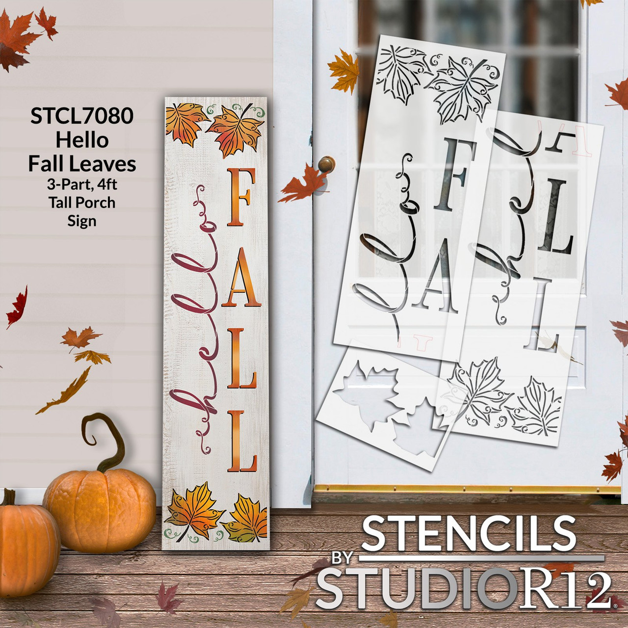 Hello Fall 4ft Tall Porch Sign Stencil with Leaves by StudioR12 - Select Size - USA Made - DIY Outdoor Seasonal Front Porch Decor & Vertical Leaner - STCL7080