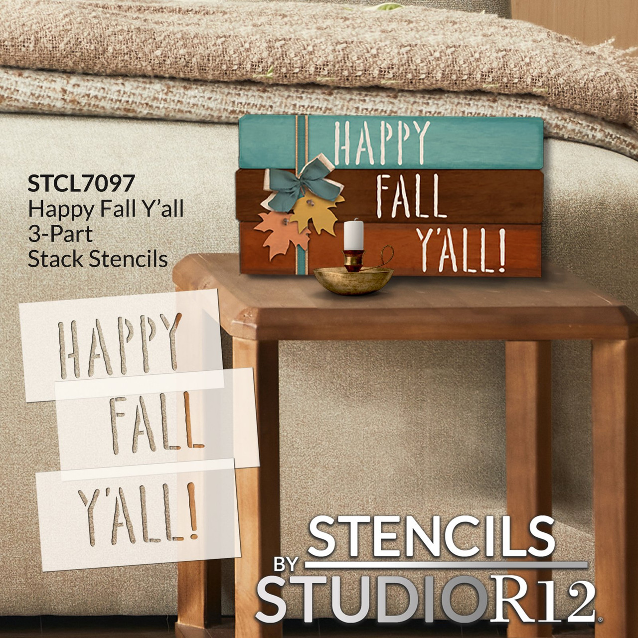 Happy Fall Y'all Stencils for Stacked Wood Blocks by StudioR12 - Select Size - USA Made - Seasonal DIY Autumn Mini Book Stack for Tiered Tray - STCL7097