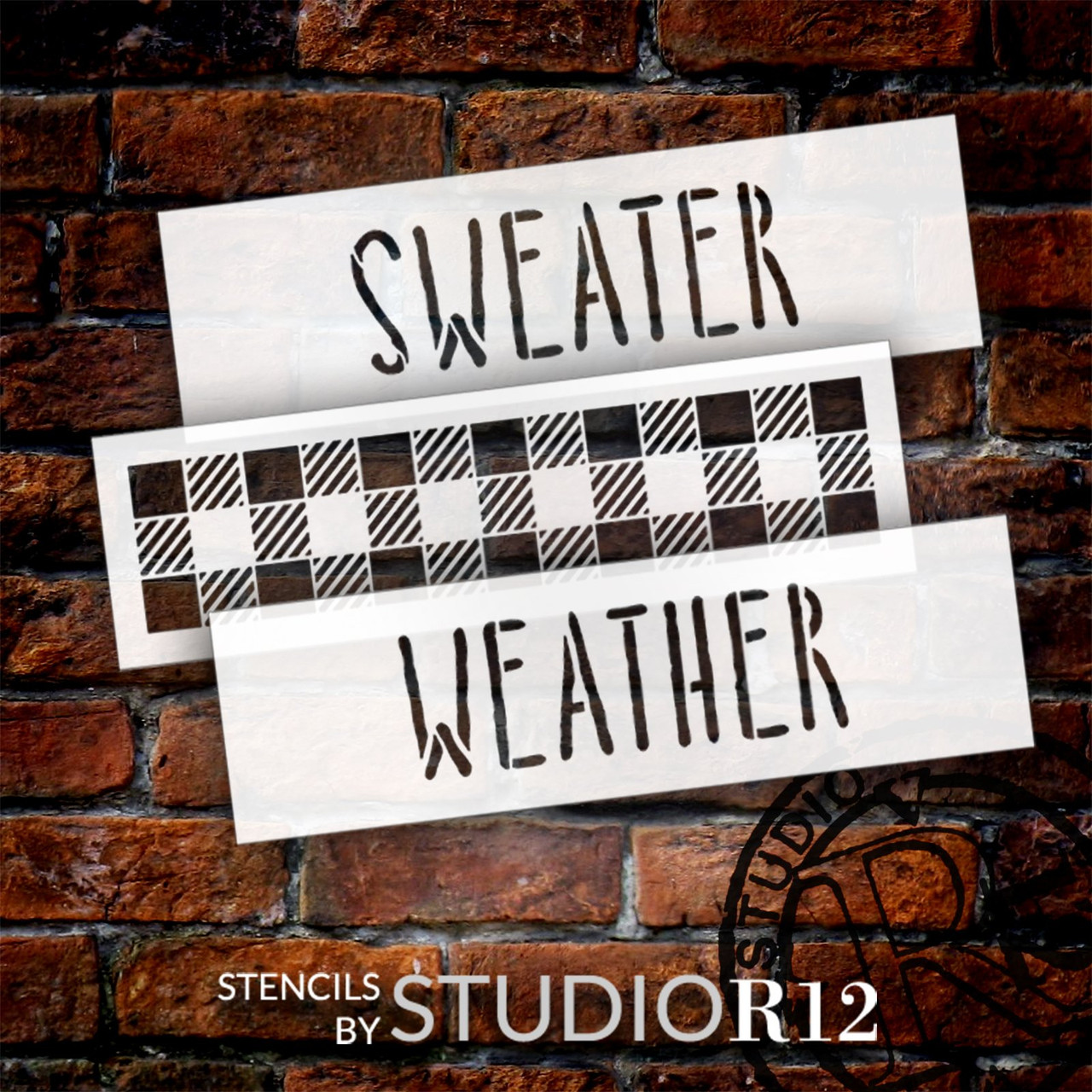 Sweater Weather Stencils with Buffalo Plaid by StudioR12 - Select Size - USA Made - DIY Fall Mini Book Stack for Tiered Tray - Paint Stacked Wood Blocks - STCL7100