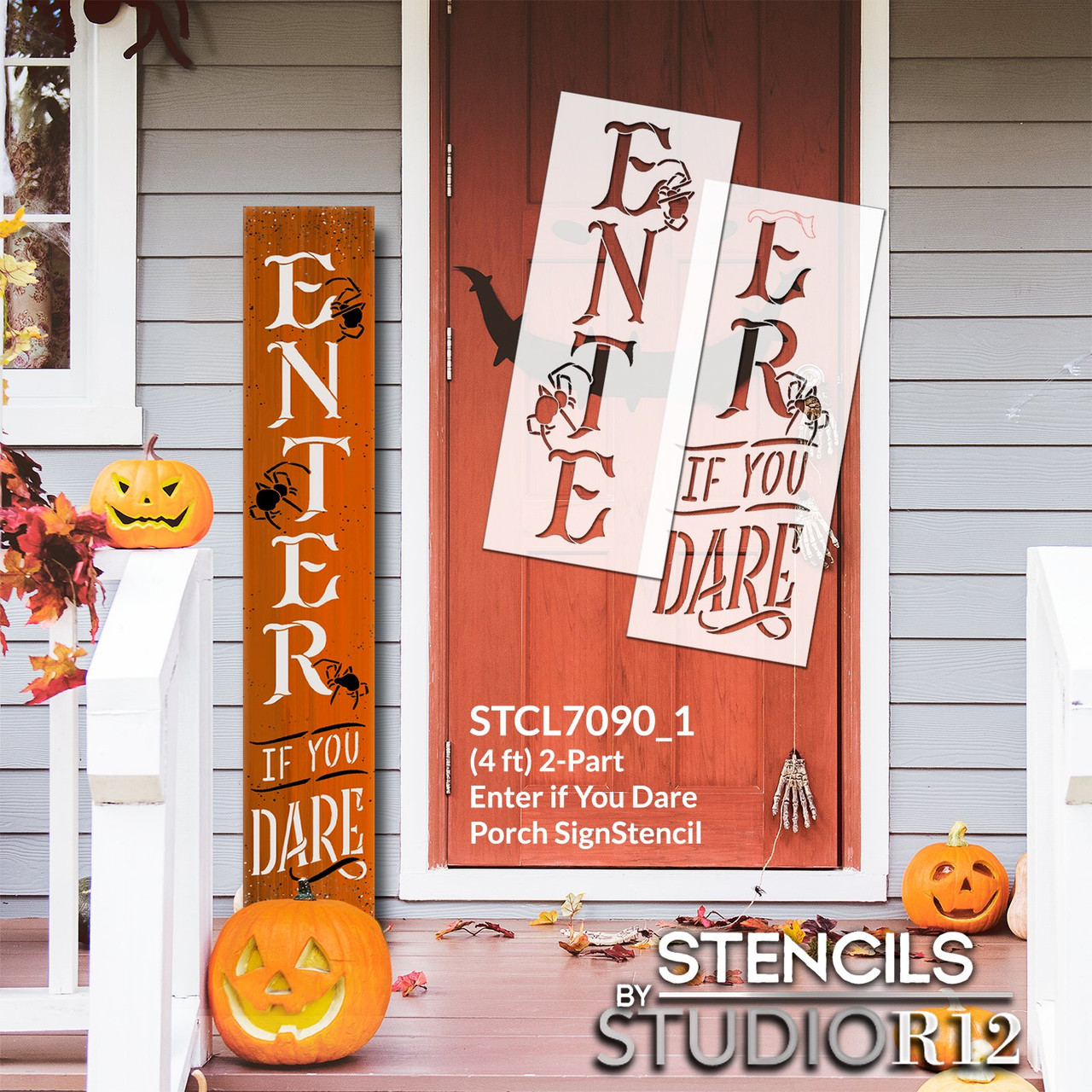 Enter If You Dare Tall Porch Sign Stencil by StudioR12 - Select Size - USA Made - DIY Spider Vertical Leaner Signs for Halloween - Paint Outdoor Fall Decor - STCL7090