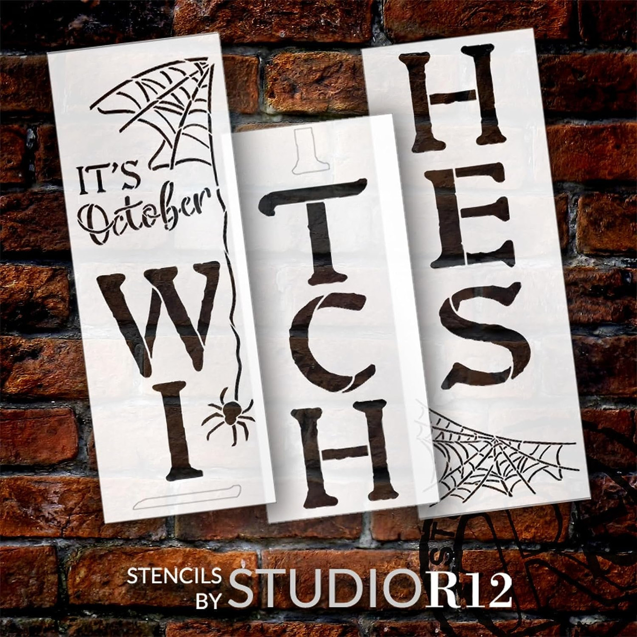 It's October Witches Tall Porch Sign Stencil with Spider Webs by StudioR12 - Select Size - USA Made - DIY Halloween Front Door Vertical Leaner Decor - STCL7068
