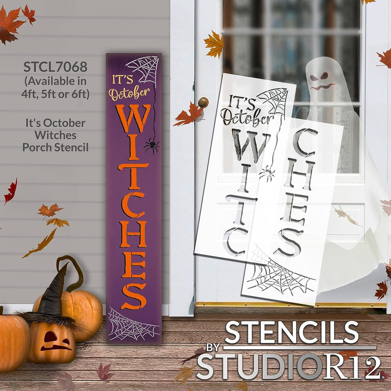 It's October Witches Tall Porch Sign Stencil with Spider Webs by StudioR12 - Select Size - USA Made - DIY Halloween Front Door Vertical Leaner Decor - STCL7068