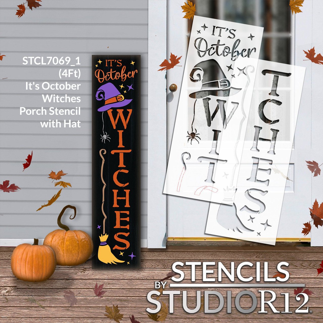 It's October Witches Vertical Leaner Stencil with Pointy Hat & Broomstick by StudioR12 - Select Size - USA Made - DIY Halloween Tall Porch Sign Decor - STCL7069