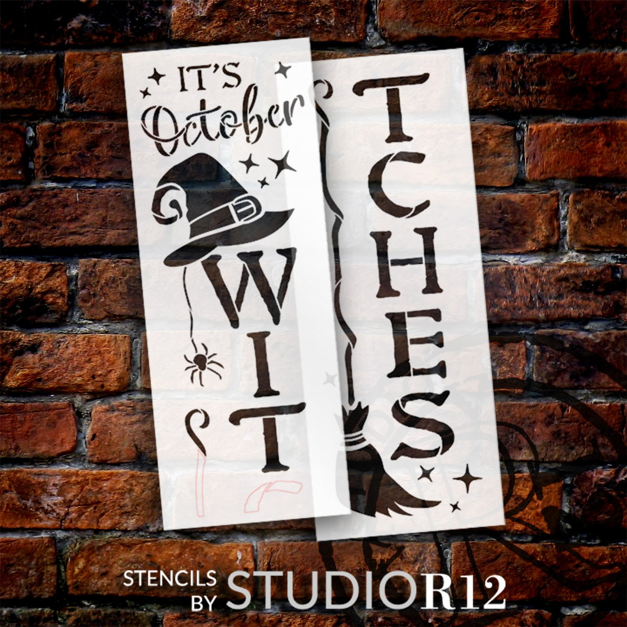 It's October Witches Vertical Leaner Stencil with Pointy Hat & Broomstick by StudioR12 - Select Size - USA Made - DIY Halloween Tall Porch Sign Decor - STCL7069