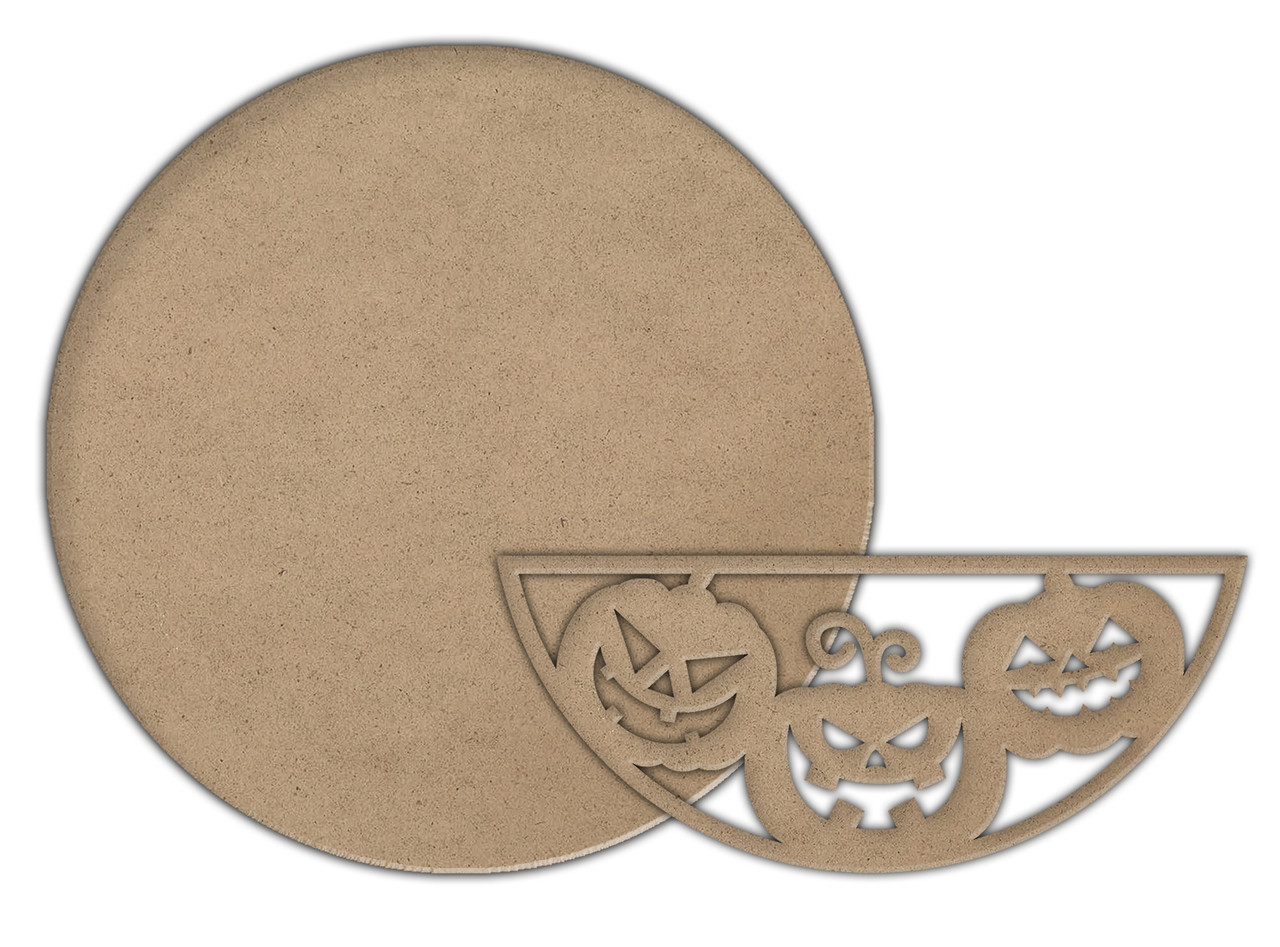 Jack-O-Lantern Half Round Wood Embellishment Set - 1/4" MDF - 15" Door Hanger Sign - DIY Halloween Front Door Decor - WDSF7104