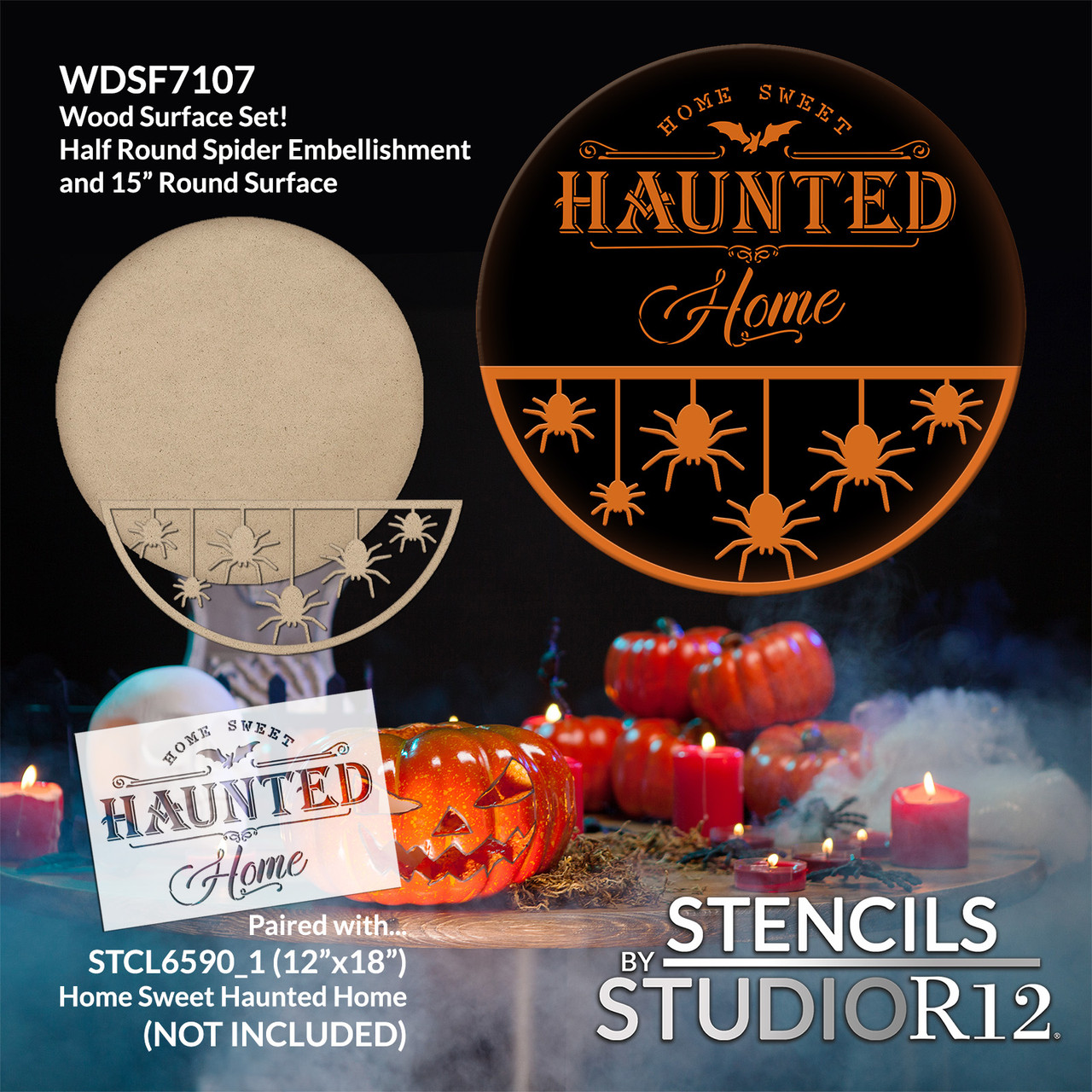 Hanging Spiders Half Round Wood Embellishment Set - 1/4" MDF - 15" Halloween Door Hanger Sign - DIY Spooky Fall Decor - Ready to Paint Wood Surface - WDSF7107
