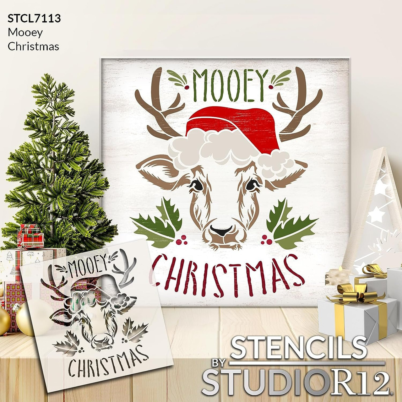 Mooey Christmas Stencil with Santa Hat & Antlers by StudioR12 - Select Size - USA Made - DIY Farmhouse Cow Head Decor - Paint Rustic Holiday Wood Signs STCL7113