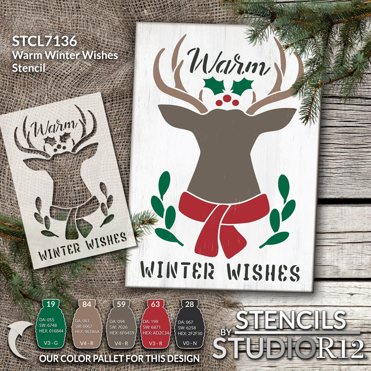 Warm Winter Wishes Stencil with Deer Head & Antlers by StudioR12 - Select Size - USA Made - DIY Farmhouse Christmas Home Decor - Craft & Paint Holiday Wood Signs - STCL7136