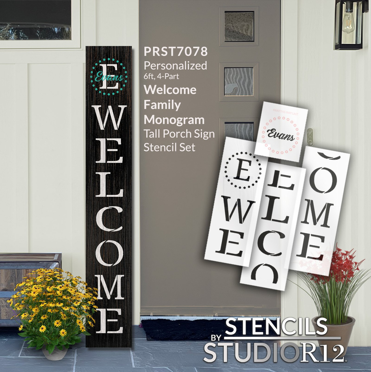 Personalized Welcome Tall Porch Sign Stencil with Monogram & Family Name by StudioR12 - Select Size - USA Made - Reusable Custom Vertical Leaner Template for DIY Outdoor Decor - PRST7078