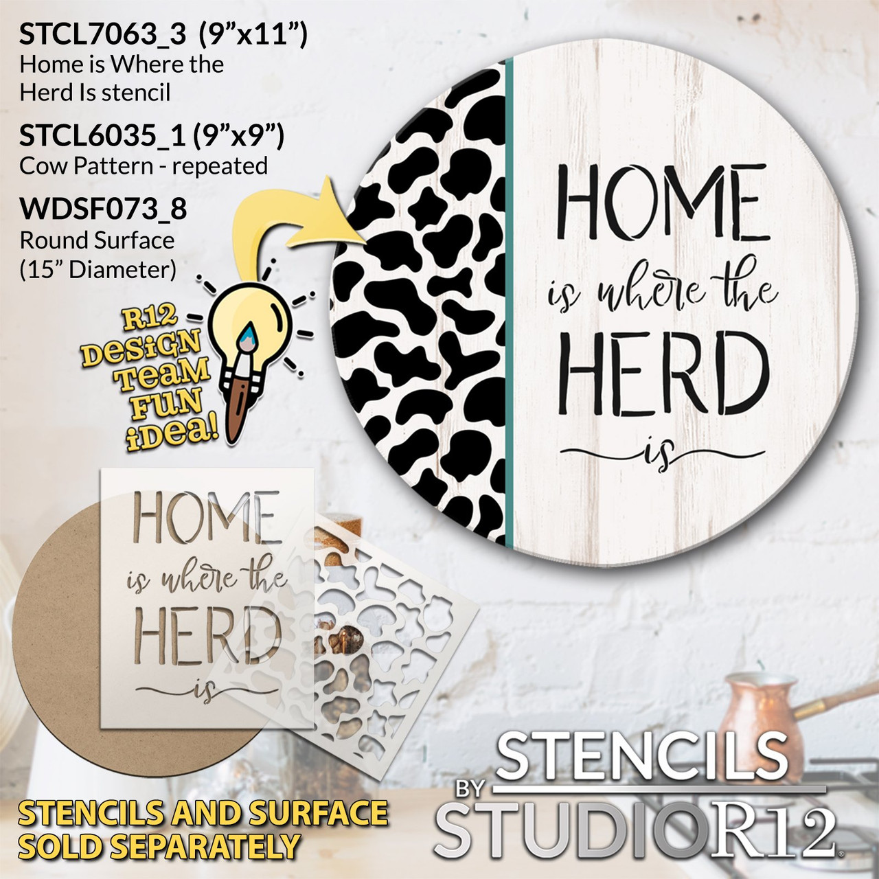 Home is Where The Herd is Script Stencil by StudioR12 - Select Size - USA Made - DIY Farmhouse Cow Welcome Front Door Decor - Craft & Paint Rustic Family Signs - STCL7063
