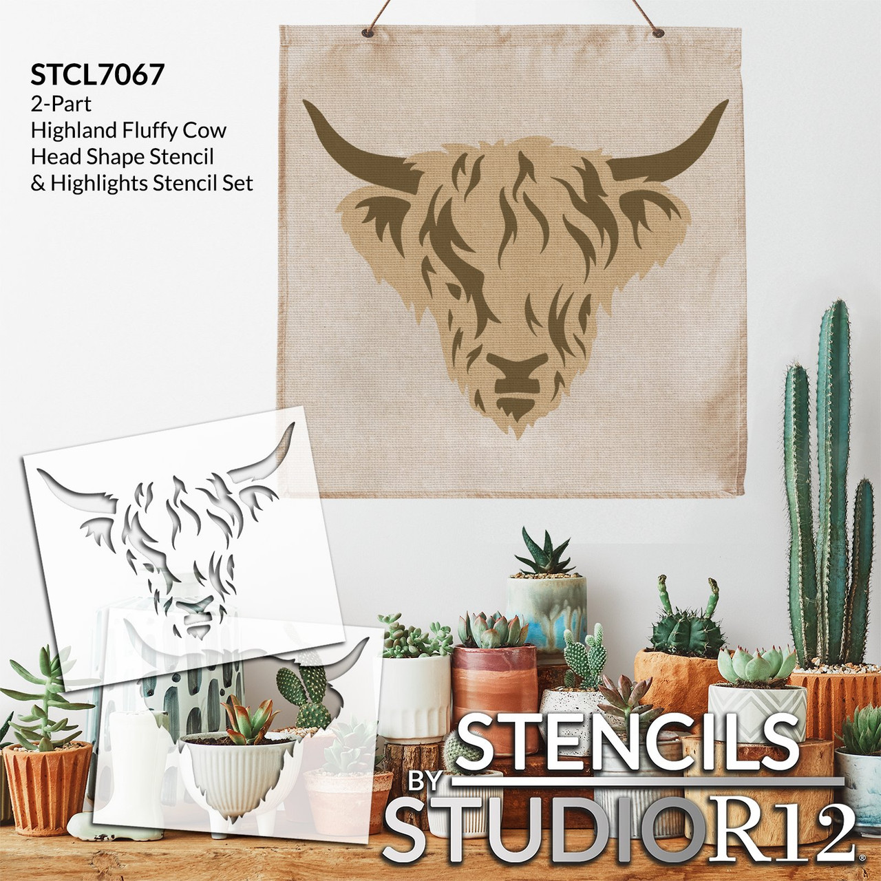 Highland Cow Head Stencil Set by StudioR12 - Select Size - USA Made - DIY Fluffy Cow Face Decor - Craft & Paint Country Farmhouse Wood Signs - 2-Part Reusable Template - STCL7067