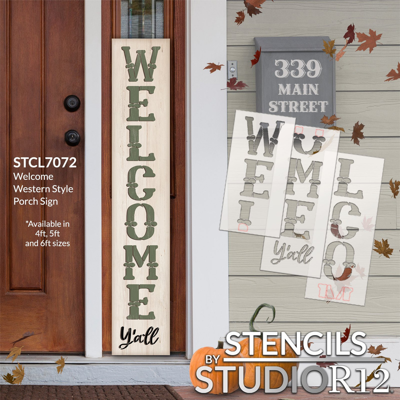 Welcome Y'all Tall Porch Sign Stencil by StudioR12 - Select Size - USA Made - Reusable Vertical Leaner Template for DIY Country Western Outdoor Front Door Decor - STCL7072