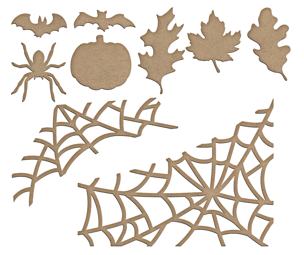 Fall & Halloween MDF Wood Embellishment Set by StudioR12 - Ready to Paint Leaf Pumpkin Bat Spider and Web Cutouts for Autumn Decor - EMBL422